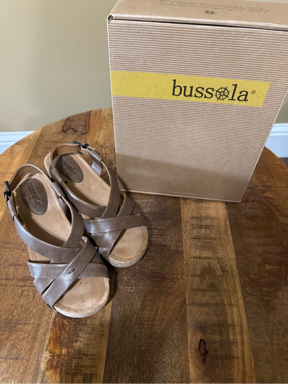 bussola Taupe Crisscross Leather Wedge Sandals size 39